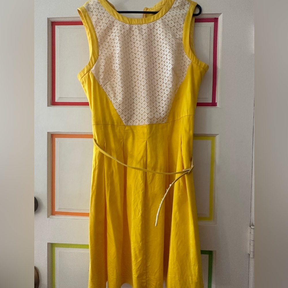 Sunshine yellow belted dress with white lace detail